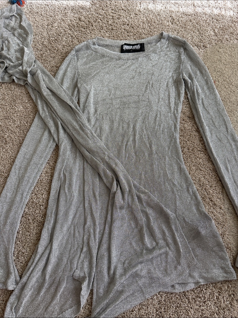 Dolls Kill Darker Wave Tempo Silver Metallic Long Sleeve Dress with Scarf